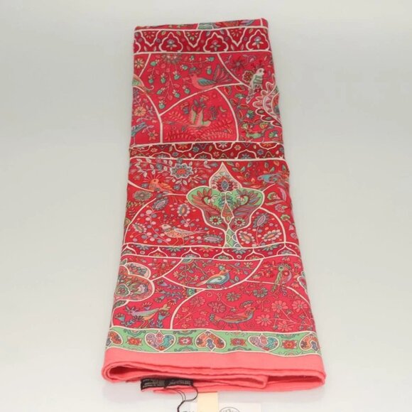 HERMES Carre 140 Scarf ""des Oiseaux Fleurs"" Cashmere Red Auth 133742 - Picture 5 of 10